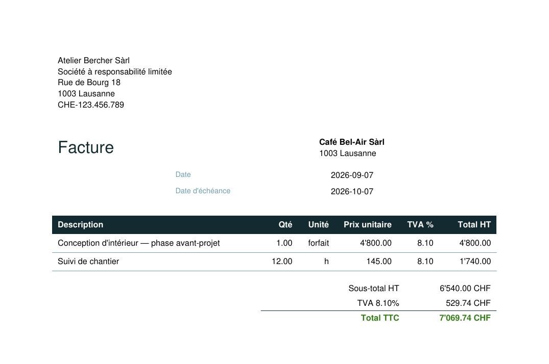The generated invoice: issuer details, client, dates, the line table with quantity, unit, unit price and VAT, then the totals.